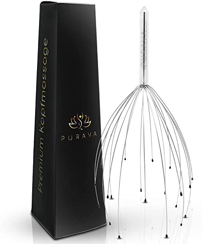 PURAVA Masajeador de Cabeza con Diseño Mejorado - Raspador de Cabeza con 20 Dedos para Relajación y Estimulación - Masaje de Cabeza Ideal como Regalo - Color Plata - Paquete de 1
