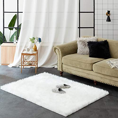 Teppich Wölkchen Schaffell Lammfell Imitat Fellteppich Kunstfell Teppich Waschbar - Flauschiger Teppich Wohnzimmer, Bettvorleger Schlafzimmer - Weiss - 120x170 cm