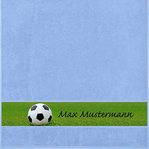 Manutextur Duschtuch mit Namen - personalisiert - Motiv Sport - Fußball - viele Farben & Motive - Dusch-Handtuch - hellblau - Größe 70x140 cm - persönliches Geschenk mit Wunsch-Motiv und Wunsch-Name