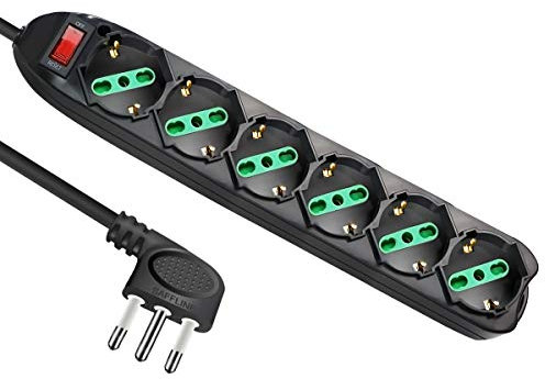 EXTRASTAR multipresa presa con interruttore automatico di protezione 10 A,6 Posti Presa Schuko bipasso 2P+T,multipresa protetta,surge Arrest, Nero cavo 1,5