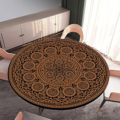 Morbuy Tischdecke Elastisch, Mandala Drucken Rund Tischdecken Wasserdicht Lotuseffekt Abwaschbar Abwischbar Tischtuch für Dekoration Küchentisch Garten Outdoor (Durchmesser 90cm,Golden)