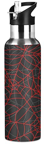 Vnurnrn Halloween Spider Net Black Red Insulated Water Bottle with Straw Sport Stainless Steel Vacuum Flask BPA Free Travel Mug