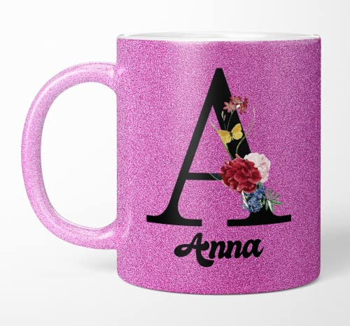 TassenTicker Glitzer Namens-Tasse mit Ihrem Anfangsbuchstaben und Namen - Kaffeetasse - Glitzer - personalisiert - Geburtstag - Kaffeebecher geschenke für Frauen - beidseitig bedruckt (Lila)