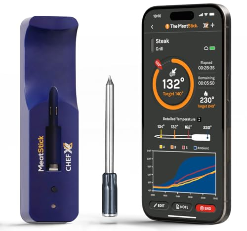 MeatStick Chef X - Thermomètre Intelligent sans Fil avec Quad Capteurs - Sonde Alimentaire Numérique (Portée de 200m, Bluetooth) - pour BBQ, Friteuse à Air, Friteuse, Four, Sous Vide, Rôtisserie