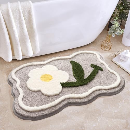 Hi Space Badematte mit Blumenmuster, niedlich, rutschfest, weich, Sonnenblume, maschinenwaschbar, Badewannenmatte, wasserabsorbierend, Plüsch, zottelig, Badteppich, Mikrofaser, Fußmatte 50x80 cm