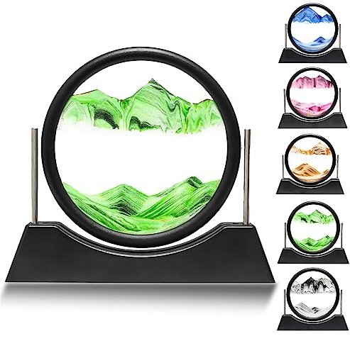 Liangding Sablier Decoratif 3D Cadre Sable Mouvant, Art de Sable Image Dynamique, Cadre Sablier en Verre Rond, Décoration de Bureau Maison, pour Enfants Adolescents Adultes Cadeaux (Vert, 7)