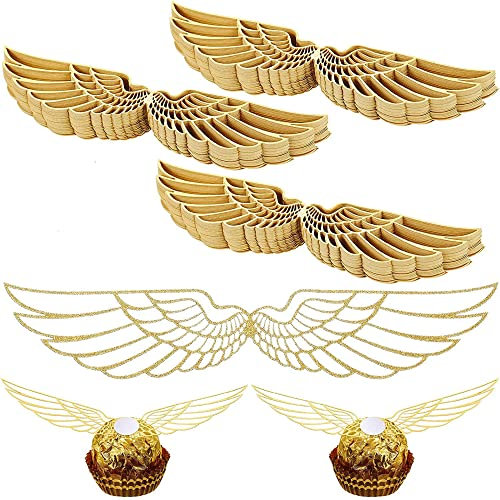 UXYOKM 50 Stück Schokoladen-Cupcake-Topper Gold Glitzer Flügel Cupcake Picks Zauberer Party Dekoration ausgehöhlte Dekoration für Geburtstag Party Zubehör