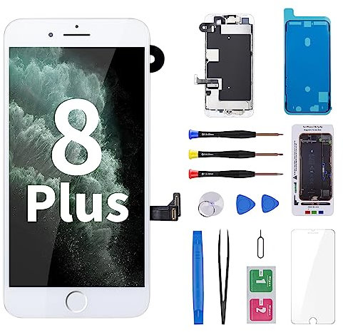 for iPhone 8 Plus Screen Replacement White with Home Button Repair Kit 3D Touch LCD Display Digitizer Full Assembly with Front Camera Ear Speaker Sensor Glass Fix Tool 8plus 5.5 for A1864 A1897 A1898