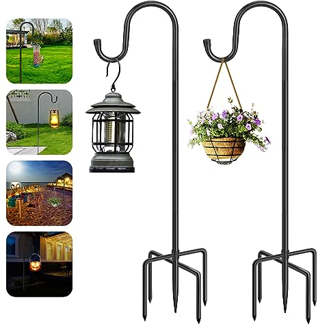 Ceboic Shepherds Crook Hooks, 2 Pack 96cm Adjustable Height Shepherds Hooks with 5 Prong Base, Heavy Duty Metal Garden Border Hook for Lanterns Birdfeeder Mason Jars Lights Weddings Plant Baskets