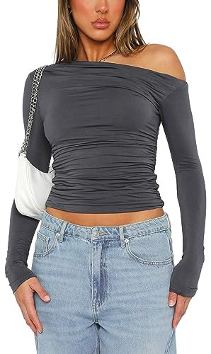Women's Y2K Slim Fit Crop Tops Casual Solid Color Off Shoulder Crew Neck Long Sleeve Tight T-Shirt Basic Blouse Tee Tops (A1 Grey, S)