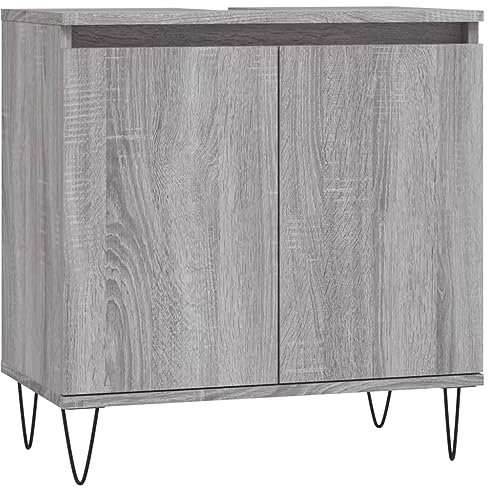 vidaXL Badezimmerschrank, Waschbeckenunterschrank mit viel Stauraum, Badschrank mit Eisenbeinen, Bad Unterschrank Waschbeckenschrank Badmöbel, Grau Sonoma Holzwerkstoff