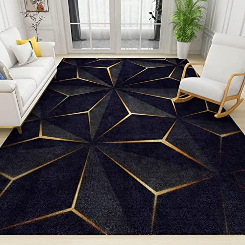 ZONOKI Moderne Abstrakte Kunst, Schwarzes Gold Teppich, Leichte, LuxuriöSe, UnregelmäßIge Geometrische Streifen Waschbarer Teppich, Kurzflor Teppiche - für Wohnzimmer Schlafzimmer Flur - 80 x 150 cm