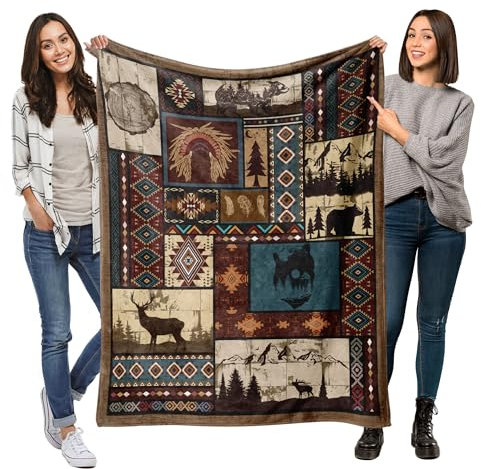 Azteken-Überwurfdecke, mexikanischer Indianer, Boho, traditioneller südwestlicher Stammesbaum, Bär, Hirsch, Wald, gemütlicher Überwurf für Camping, Bauernhaus, Couch, Sofa, Bett, 152,4 x 203,2 cm