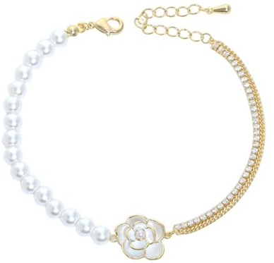 ankbrats 925 Sterling Silber Perlen Armbänder Damen, Kamelie Blume Süßwasserperlen Gold Armkette Frauen, Hypoallergene Vergoldet Perlenarmband für Mädchen (Gold)