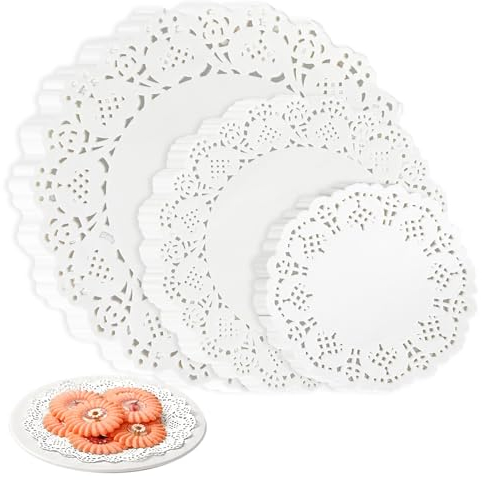 Jeffdad Tortenspitze Rund, 150 Stück Einweg Spitze Papier Deckchen für Tische Papier Tischsets Papierdeckchen tassenuntersetzer Papier für Kuchen Desserts Handwerk 4.5inch 6.5inch 8.5 inch