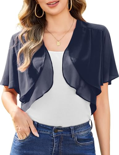 Aottori Navy Chiffon Shrug Women Summer Bolero Cardigans UK Ladies Short Sleeve Open Front Sheer Shawl Tops Thin Cropped Cardigan Jackets for Dress Evening Wedding Navy XL