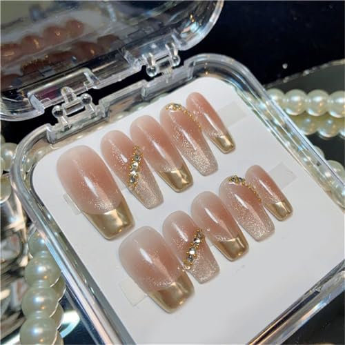 Coffin Long Handmade Nails Blush Cat Eyes Press on Nails Shiny French Tips Nail Art Decoration for Women and Girls Manicure 10pcs (XS)