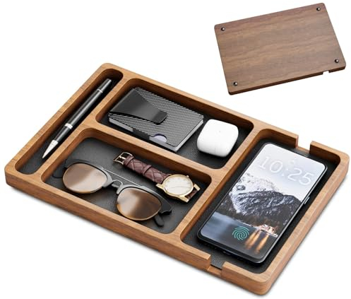 Lawnrden Holzablettung, Nachttisch Veranstalter EDC -Tablett mit Ledereinlagen, Walnuss -Catchall -Tablett für Schlüssel, Telefon, Brieftasche, Uhr, Ohrhörergeschenk (12x8)