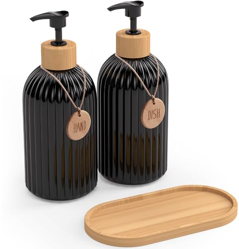 Dosificador Jabon Cocina y Dispensador Jabon Baño - Set de 2 Botes para Platos y Manos - Dispensador Jabon Cocina con Bandeja de bambú y 2 Colgantes de bambú de 500ML, Dispensador jabon Cocina Negro