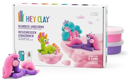 HEY CLAY Regenbogen-Einhörner Leuchte, Wolke, Glanz - Serie Regenbogen-Einhörner - Buntes Modellier-Set für Kinder mit lufttrocknender Knete 6 Dosen mit lustigen interaktiven Anleitungen