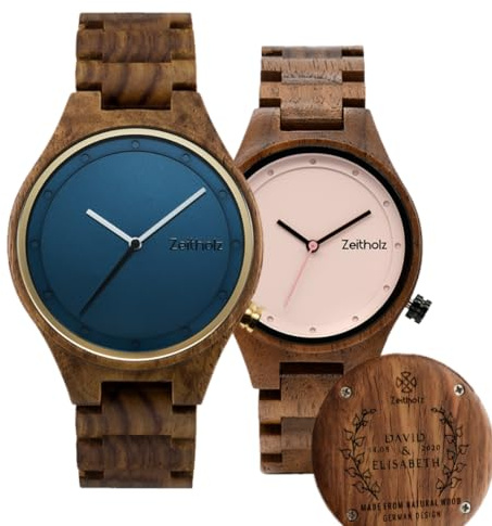 Zeitholz Holzuhren für Paare, Gravierte & Personalisierte Geschenke, 100% Naturholz, Analoguhren mit Japanischem Quarzuhrwerk, Stolpen 42mm & 36mm