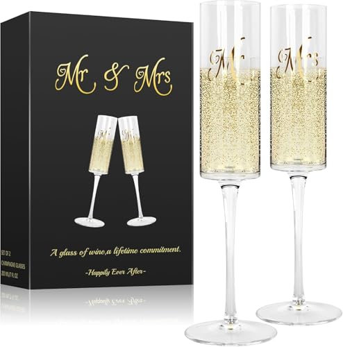 Decostatue Mr. and Mrs. Champagne Flutes Set - Wedding Gifts for Couples - 210ml Elegant Champagne Glasses for Anniversary, Wedding, Engagement, Christmas, Valentine's Day, Birthday