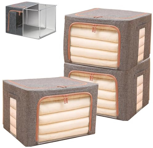 24L Clothes Storage Boxes,Stackable Cube Wardrobe Storage Organiser,Collapsible Storage With Metal Frame,Storage Bags With Zips Clear Window & Carry Handles For Blankets,Bedding,Comforters(Grey-3PCS)