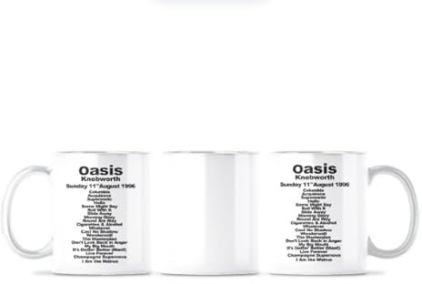 WOA Words of art Oasis Knebworth Setlist Mug – Sunday 11 August 1996 – 340ml Ceramic Tea & Coffee Cup – Britpop Fan Gift Live Reunion Liam Noel Gallagher Tea Coffee Hot Chocolate Hot Cold Drinks