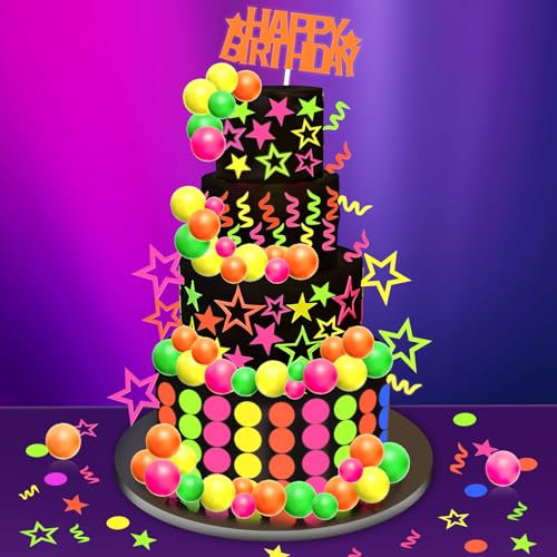 Schwarzlicht Party Dekorationen Set - Glow Cake Toppers & UV Reactive Glow Papier für Neon Hochzeit Geburtstag und Glow Partys (Fluoreszierende Kuchendekoration)