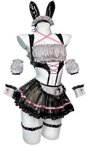 KORURACLUB Sexy Bunny Hasen Kostüm (6-teiliges Set) Schwarze PU Cosplay Dessous für Damen Bunny Maid Dessous(XL)