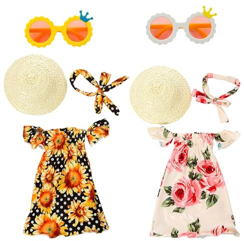 cadelon 18 Inch Doll Outfits, 8PCS Fashionable New Baby Dolls Clothes Set with Dress, Straw Hat, Neck Rope, Crown Glasses, Newborn Baby Dolls Dress-Up, Girl'S Birthday Gift