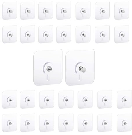 Lot de 30 crochets adhésifs muraux, ni clou ni vis, vis adhésives sans perforation, transparents, fixation murale forte pour cuisine et salle de douche.