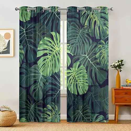 SJSXWQN Vorhänge GrüNe Monstera Gardinen mit Ösen Vorhang Blickdicht Thermo Verdunklungsvorhänge Schiebegardinen für Schlafzimmer Wohnzimmer H 245 x B 140 cm 2er Set