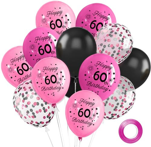 Luftballons 60 Geburtstag Frauen Mann, 15 Stück Luftballons Schwarz Rosa Deko 60.Geburtstag, 12 Zoll Happy Birthday Konfetti Balloons für Geburtstagsfeiern