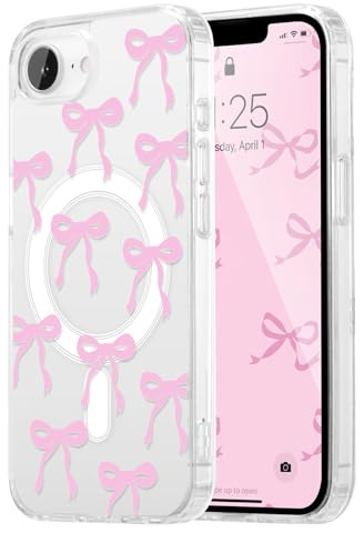 UEEBAI Bow Case for iPhone 17e/16e with Magsafe, ClearPink | Built-in Magnets, Cute Slim Clear Aesthetic Pattern Pretty Phone Case for Women Girl Kid, Anti-Yellowing Translucent Cover