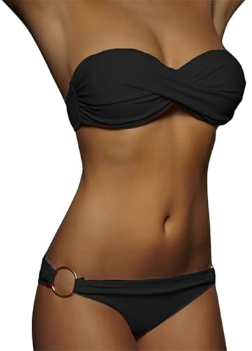 Minetom Maillots de Bain 2 Pièces Femme Été Push Up Bandeau Ensembles Bikini Set Plage Swimsuit Swimwear Beachwear A Noir XL