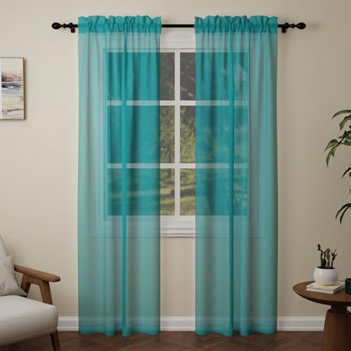 Pacok Teal Voile Curtains, 90 Drop 2 Panels Net Curtain for Windows, Rod Pocket Sheer Curtain Panel Voile Curtains for Living Room Kitcken Bedroom W56xL90 Inch(Teal, 142 x 228cm)