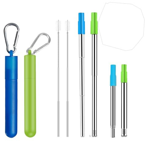 2Packs Stainless Steel Telescopic Straw with Silicone Nozzle Metal Drinking Filter Straws Portable Retractable Straws with 2 Telescopic Cleaning Brush and Key Ring Case for Travel Home (2 Colors)