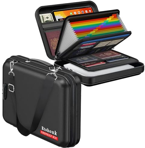 Rtshuok Feuerfeste Dokumentenbox mit Schloss und Schultergurt - Wasserdichter Hartschalen-Datei-Organizer mit Tasche Akkordeon-Dateiordner, tragbare feuerfeste Box, sichere Aufbewahrung für wichtige