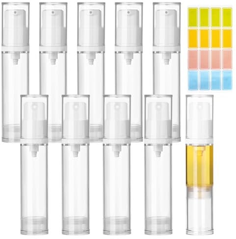 Leikedun 10Pcs Empty Airless Pump Bottles 10ml Refillable Clear Travel Pump Bottle Vacuum Cosmetic Container Vacuum Pess Bottle with Stickers for Foundation Essence Cream Lotion Toiletry