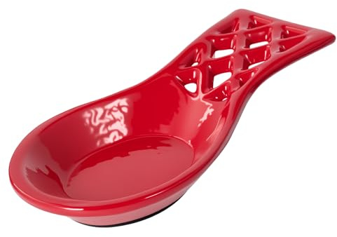 JOGREFUL Spoon Rest, Cast Iron Spoon Holder for Cooking/Stove Top/Kitchen Counter, Heat-Resistant Utensil Rest for Spoons/Ladles/Tongs, Housewarming Vintage Decor, Grid Pattern, Red