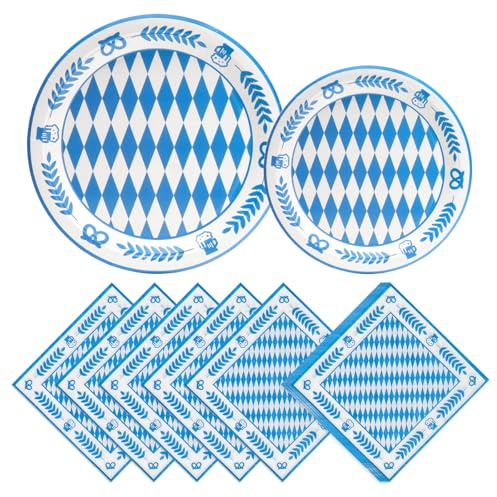 PARTY GO 75 Stück Oktoberfest Teller Pappteller Oktoberfest Servietten Party Dekoration Zubehör Blau Weiß Deko mit Rautenmuster – Tischdeko Oktoberfest & Wiesn Party Dekoration Zubehör