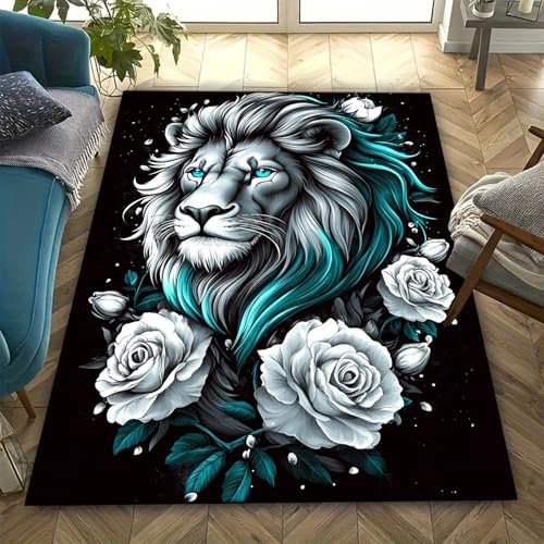 Teppich Löwe Bettvorleger Schlafzimmer Kurzflor Wohnzimmerteppich rutschfest Yogamatte 3D-Druck Tier Kinderzimmerteppich Waschbar - Anti-Ermüdungs-Teppiche Für Den Innenbereich 120 X 160 cm -498F545B