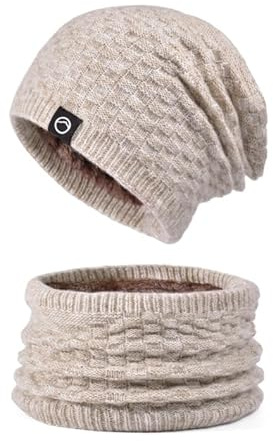 WANYI 2 in 1 Winter Mütze Schal Set Damen Wintermütze Warme Strickmütze Beanie Mütze mit Weiches Innenfutter 55-60CM(Khaki)