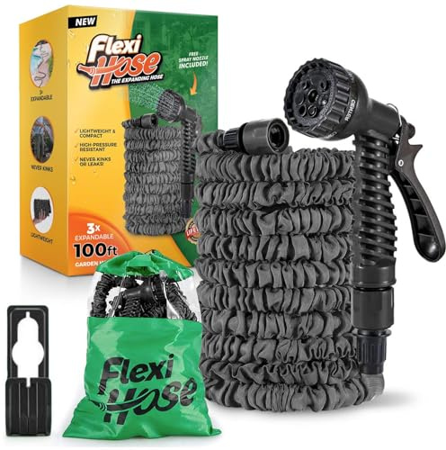 Flexi Hose 100FT Expandable Garden Hose, Retractable Water Hose, Black | Includes Spray Nozzle with Multiple Functions, Perfect for Garden Watering, Lawn Care, Car Washing & Outdoor Cleaning