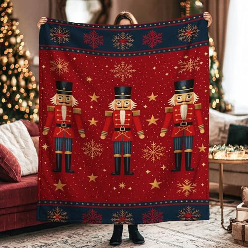 Nutcracker Throw Blanket, Christmas Festive Snowflake Star Christmas Red Fleece Blankets Soft Cozy Decorative for Couch Sofa Bed Chair Car Office Desk 50x60 Inch