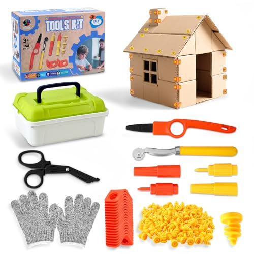 Kartonwerkzeug Set 148-teilig, DIY Konstruktionsspielzeug mit Werkzeugen für Pappe, STEM Lernspielzeug für Familien, Kreatives Bastelset mit Aufbewahrungsbox Ideal für Eltern-Kind Aktivitäten