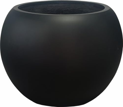 Runder Fiberstein-Pflanztopf mit Ablaufloch, 34 cm H x 43 cm Durchmesser, großer schwarzer Blumentopf für drinnen und draußen, dekorativer Übertopf für Terrasse, Veranda, Garten und Heimdekoration