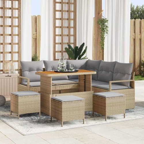 Tonture Garten-Sofa-Set mit Kissen, 9-teilig, Beige Poly Rattan, Modular, Verstellbare Füße, Couch, für Außenbereich