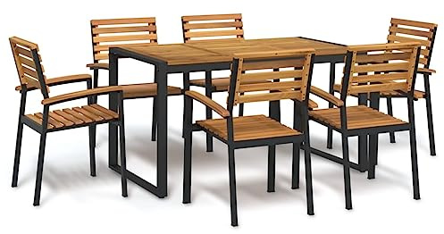 Kaloriko Salon de jardin 7 pièces en bois d'acacia massif, pieds en métal, table à manger avec 6 chaises, 140 x 80 cm, robuste et durable